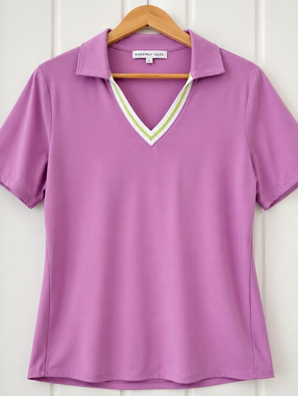 Sincerly Jules Lavender V-Neck Polo Tee with Green-Trim Golf Activewear